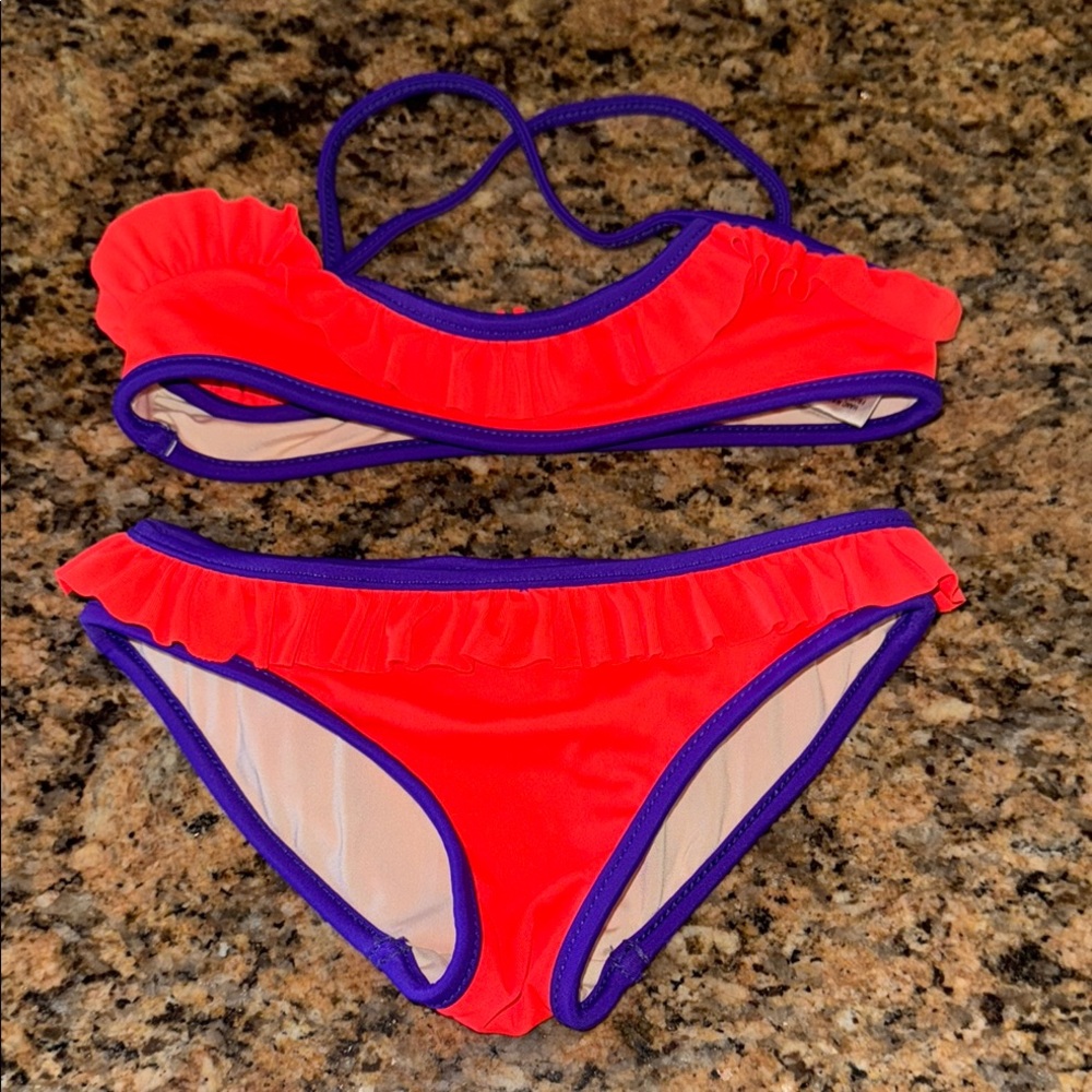 Adorable Milly Minis Kids Ruffled Bikini Set - Coral and Purple